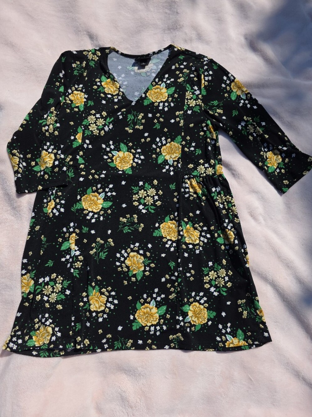 Women's Black Floral V-Neck Dress with Yellow Roses